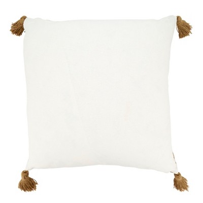 Beige and White Cotton Checkered 20" Throw Pillow with Tassels