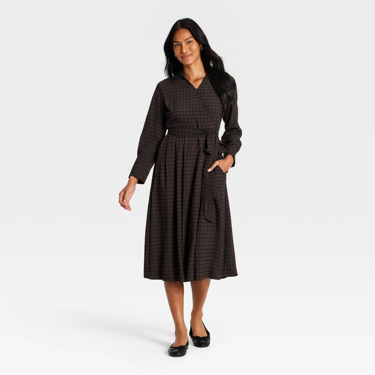 Women's Long Sleeve Tie-Waist Midi Dress - A New Day™ Brown Gingham