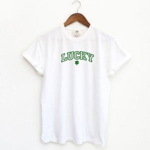 Simply Sage Market Women's Embroidered Lucky Varsity Clover St. Patrick's Day Short Sleeve Garment Dyed Tee - 1 of 3