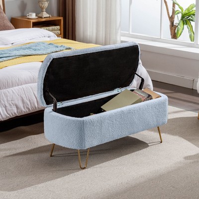 NicBex Faux Fur Fabric Storage Ottoman Bench,Upholstered Storage Ottoman with Gold Legs,Modern Storage Bench for Living Room,Bedroom,Blue
