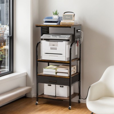 Karl Home 4-Tier 1-Drawer Printer Stand with Wheels and Plug Board P2 Particleboard Weathered Wood Emboss 20.9x15.7x45.3 Inches