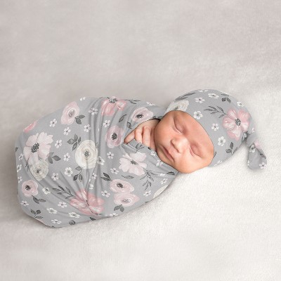 Image of Sweet Jojo Designs Girl Baby Cocoon and Beanie Hat Swaddle Wrap Watercolor Floral Grey Pink, Grey and White 2pc