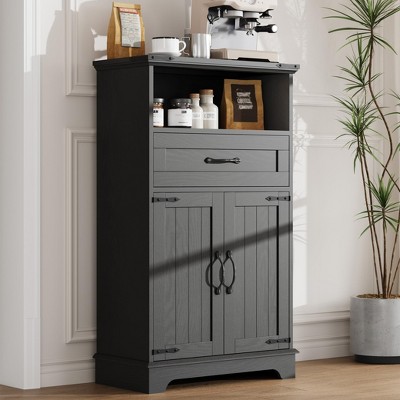 Farmhouse Black Storage Cabinet with Doors and Drawers, Freestanding Bathroom Cabinet
