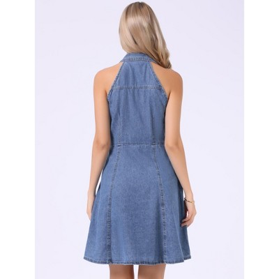 Женские платья INSPIRE CHIC Women's Lightweight Halter Neck Button Down A-Line Denim Dress Small Light Blue — фото 3