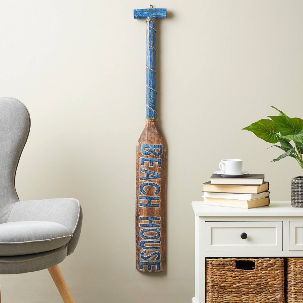 Photos - Wallpaper Olivia & May 47"x6" Wood Paddle Beach House Sign Wall Decor with Blue Accents and Rope Detail Brown: Nautical Canoe Decor