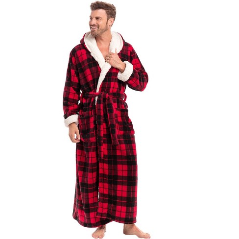 Unisex Adult Fleece Relaxed-Fit Hooded Robe Full Sleeve Plaid Print House Coat