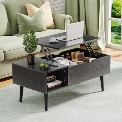 Wood Lift Top Coffee Table with Hidden Compartment and Large Storage Shelf, Lift Tabletop Dining Center Table
