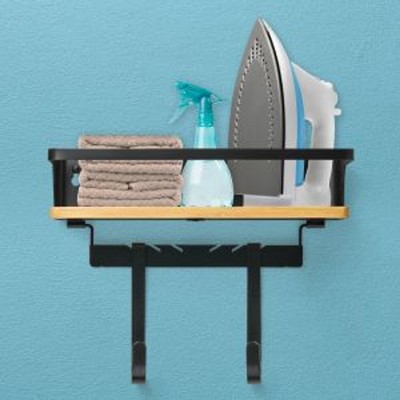 Black Alloy Steel Wall-Mounted Ironing Board Holder with Bamboo Shelf