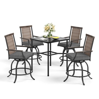 Captiva Designs 5pc Metal Bar Height Steel Dining Table with Umbrella Hole & Bar Swivel Chair with Armrest and Cushion
