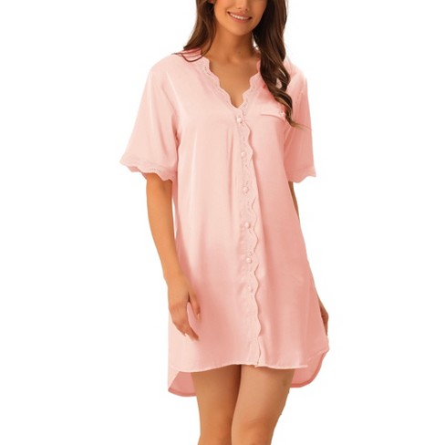 Unique Bargains Womens Satin Nightshirt Button Down Nightgown Lace Pajama  Dress Nightshirts Loungewear