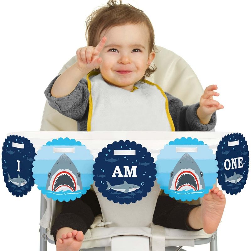 Big Dot of Happiness Shark Zone 1st Birthday Highchair Decor - I Am One - First Birthday High Chair Banner, 1 of 5