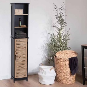 Evideco French Home Goods Tall Bathroom Storage Cabinet with Open Shelves and Vented Door, Black and Brown - Bergen Collection - 1 of 4