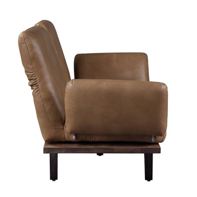 Nutmeg Top Grain Leather Round Arm Sofa with Solid Wood Base
