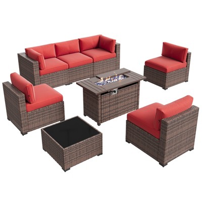 Aoxun 8-Piece Wicker Patio Set with Fire Pit Table, Thick Burgundy Cushions & Brown Rattan  Outdoor Sectional for Backyard, Garden, or Poolside