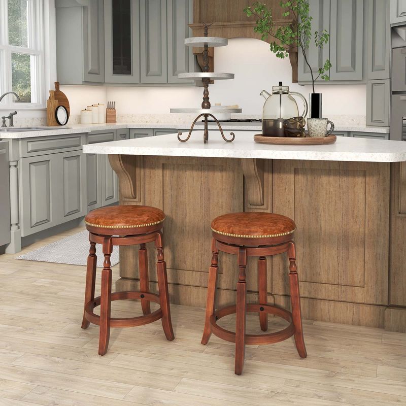 Costway 24" Swivel Bar Stool Set of 2/4 with Upholstered Seat & Rubber Wood Frame Round Walnut, 4 of 8