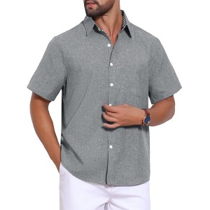 INSPIRE CHIC Men's Plain Linen Chest Pocket Short Sleeve Contrast Color Collar Shirts - 1 of 4