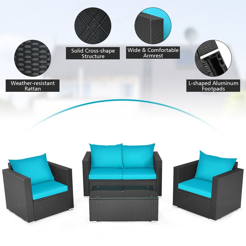 Tangkula 4PCS Rattan Patio Conversation Set Outdoor Furniture Set w/ Navy & Turquoise Cushions, 3 of 8