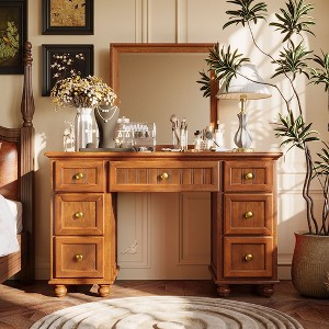 Makeup Vanity Desk Solid Pine Wood Vanity Table Vintage Dressing Table with  Mirror & Drawers, Walnut - ModernLuxe : Target