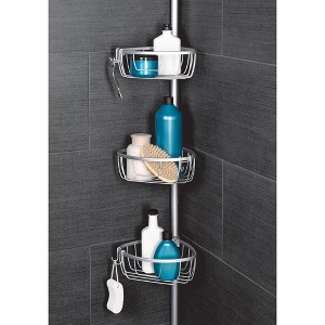 Corner Tension Pole Shower Caddy Satin Chrome - Zenna Home: Rustproof Aluminum Bath Organizer, 3 Baskets, Adjusts 5' to 9' - 1 of 3