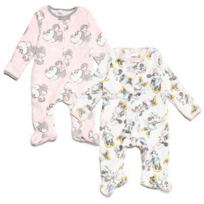 Image of Mickey Mouse & Friends Minnie Newborn Baby Girls Fleece 2 Pack Zip Up Coveralls Pink White Footies 3-6 Months