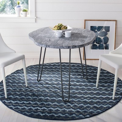Handwoven Navy Blue and Black Wool Cotton Round Area Rug