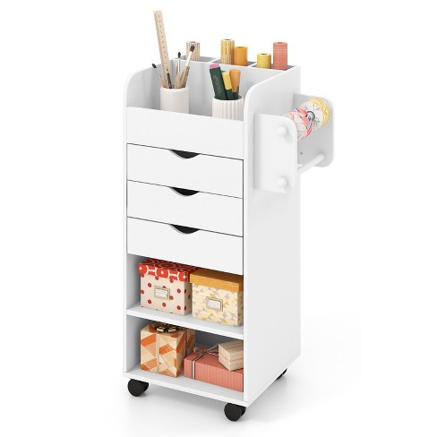 Costway Folding Sewing Table Shelves Storage Cabinet Craft Cart with Wheels-White