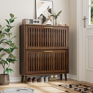 ORRD Mid-Century Modern Shoe Cabinet, 31.5" Walnut Finish Storage with 2 Flip-Down Doors & Ventilated Design for Entryway Hallway - 1 of 4