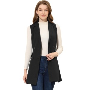 Allegra K Women's Lapel Collar Sleeveless Long Coat Double Breasted Belt Waist Trench Vest - 1 of 4