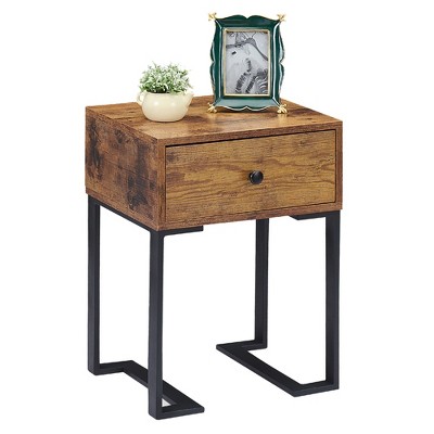 VECELO Vintage Nightstand with Storage Drawer, End/Side Table for Bedroom or Living Room, Metal Frame, Brown