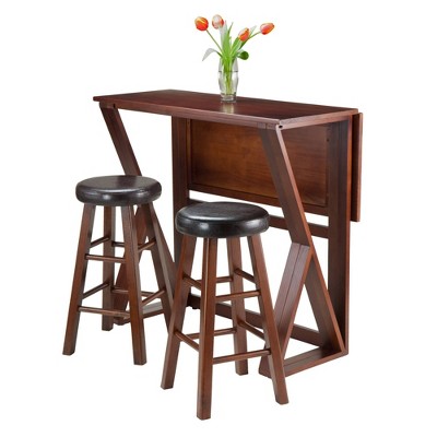Walnut Drop Leaf Table with 2 Black Faux Leather Stools