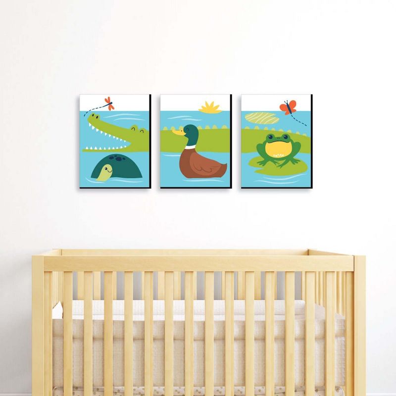 Big Dot of Happiness Pond Pals - Frog, Alligator, Turtle and Duck Nursery Wall Art and Kids Room Decor - 7.5 x 10 inches - Set of 3 Prints, 2 of 7