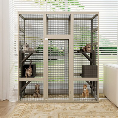62"Large Outdoor Wooden Catio, Gray Cat Enclosure with 5 Platforms & 2 Resting Boxes, UV-Resistant & Waterproof Cat House Shelter Playpen - Cuddlewood