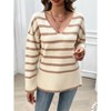 Women's V-Neck Striped Sweater Color Block Knit Top Long Sleeve Side Slit Pullover Top - 2 of 4