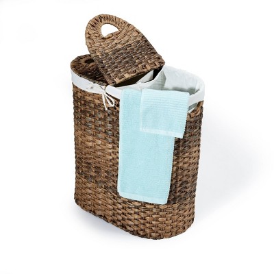 Mocha Brown Handwoven Wicker Double Laundry Hamper with Lid