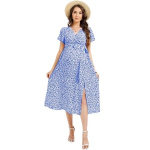 Clearlove Maternity Dress Floral Print Women V Neck High Waist Long Boho Floral Swing Flowy Slit Beach Maxi Dress - 1 of 4