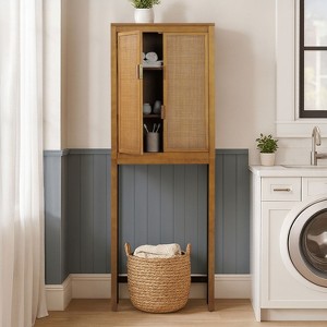 Hatteras Modern Boho Over Toilet Storage Cabinet with Solid Wood & Natural Rattan Accents-Teamson Home - 1 of 4