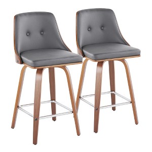 Set of 2 26" Faux Leather Mid-Century Modern Counter Stools with Wood Legs, Round Chrome Footrest, and 360¡ã Swivel for Kitchen - 1 of 4