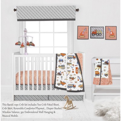 Bacati - Construction Yellow Orange Blue Gray 10 pc Crib Bedding Set with 2 Crib Fitted Sheets