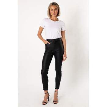 Melody Wear Mid Waist Womens Fleece Leggings Leather Look Skinny Jeans  Lounge Leggings Gothic Black Trousers Best Stretch Pants