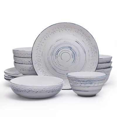 Pfaltzgraff Bethany 12-Piece Stoneware Dinnerware Set, Rustic Lodge Style with Embossed Floral Motifs, Includes Plates & Bowls
