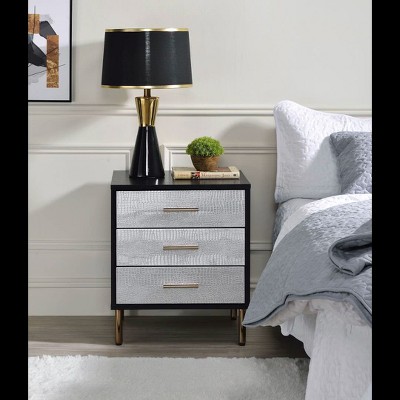 Black, Silver, and Gold 3-Drawer Faux Crocodile Nightstand