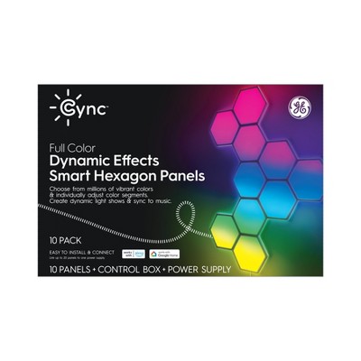 GE 10pk CYNC Dynamic Effect Smart LED Hexagon Tile Light Panels: Multicolored Wall Night Lights, Plug-in, 40W