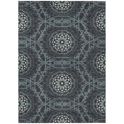 Charcoal Gray And Ivory Floral Medallion Washable Indoor Outdoor Area Rug