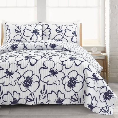 Full/Queen 3pc Scandinavian Floral Quilt Set Navy - Lush Décor