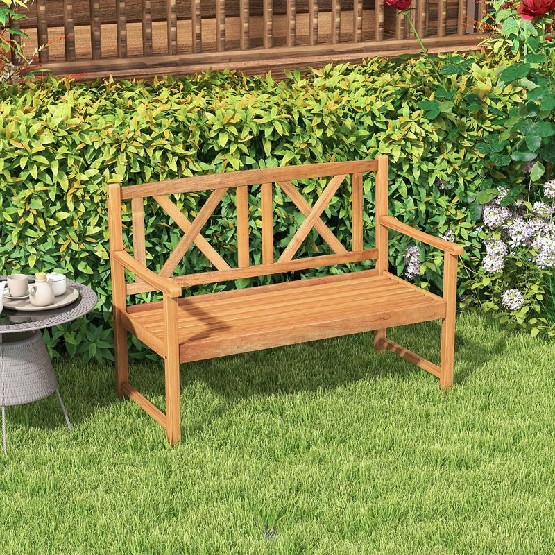 Costway 2-Person Bench  Patio Acacia Wood Outdoor Loveseat Chair Garden Natural, 5 of 10