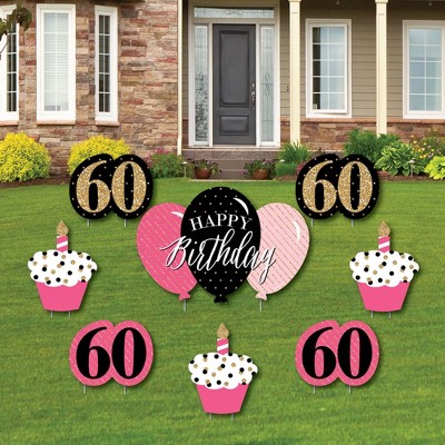 Big Dot of Happiness Chic 60th Birthday - Pink, Black and Gold - Yard Sign and Outdoor Lawn Decorations - Happy Birthday Party Yard Signs - Set of 8