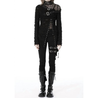 Women's Distressed Punk Long Sleeve Buckle Shirt - DARK IN LOVE