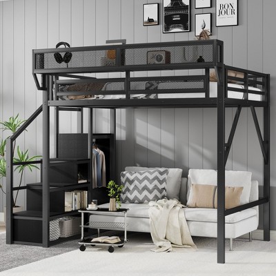 Full Size Black Metal Loft Bed with Stairs Storage Shelves and High Loft Bed with Wardrobe for Kids Teens