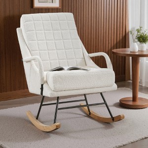 VECELO Upholstered Faux Leather/Teddy Fabric Rocking Chair Modern Lounge Rocker Recliner with Padded Seat, Safe Solid Wood Base White/Brown - 1 of 4
