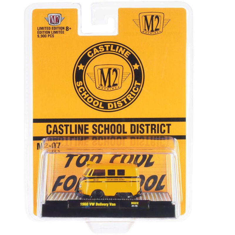 1960 Volkswagen Delivery Van School Bus Yellow w/Black Stripes "Castline District" Ltd Ed 1/64 Diecast Model Car by M2 Machines, 3 of 4